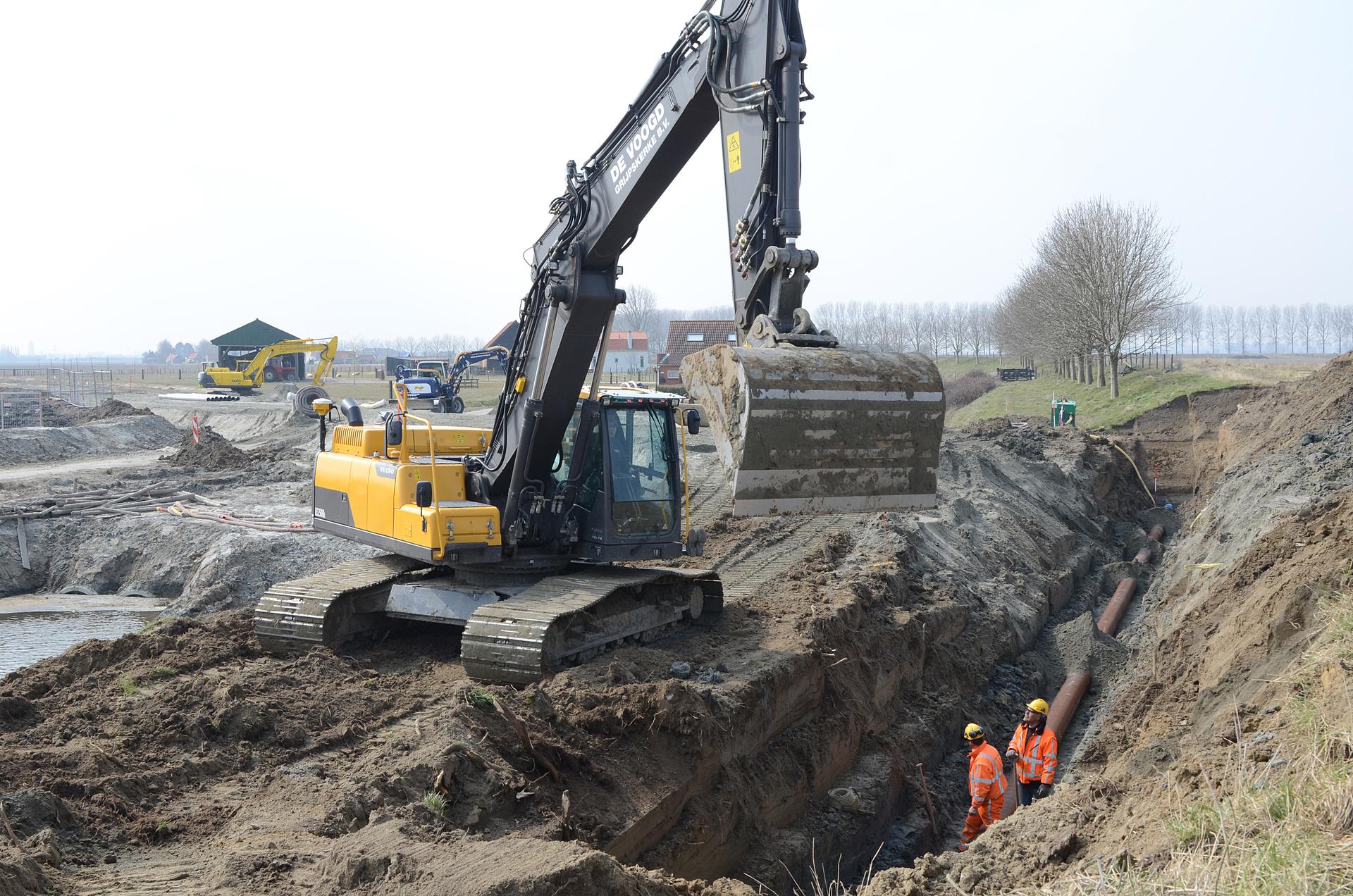 Een graafmachine op een bouwplaats die een greppel graaft. 