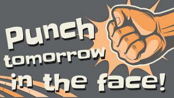 Beeldmerk Young Professionals kennisfestival - cartoon met een vuist en de tekst 'Punch tomorrow in the face'