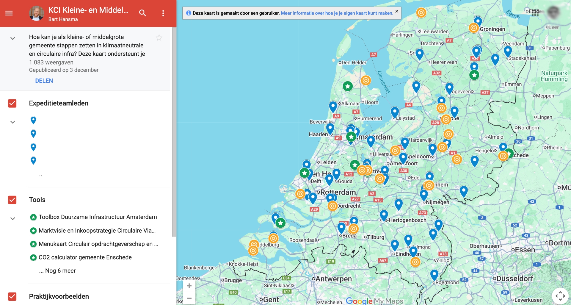 Thumbail van KCI-kaart. Digitale kaart van Nederland met gekleurde iconen voor expedities, tools en praktijkvoorbeelden van circulaire en klimaatneutrale infrastructuur. Linkerkant toont legenda met filters zoals 'Expedities', 'Tools' (zoals CO2-calculator, menukaart en toolbox) en 'Praktijkvoorbeelden'. Kaart toont blauwe, groene en oranje iconen verspreid over gemeenten, vooral in West- en Oost-Nederland. Titel: "KCI Kleine- en Middelgrote Gemeenten".