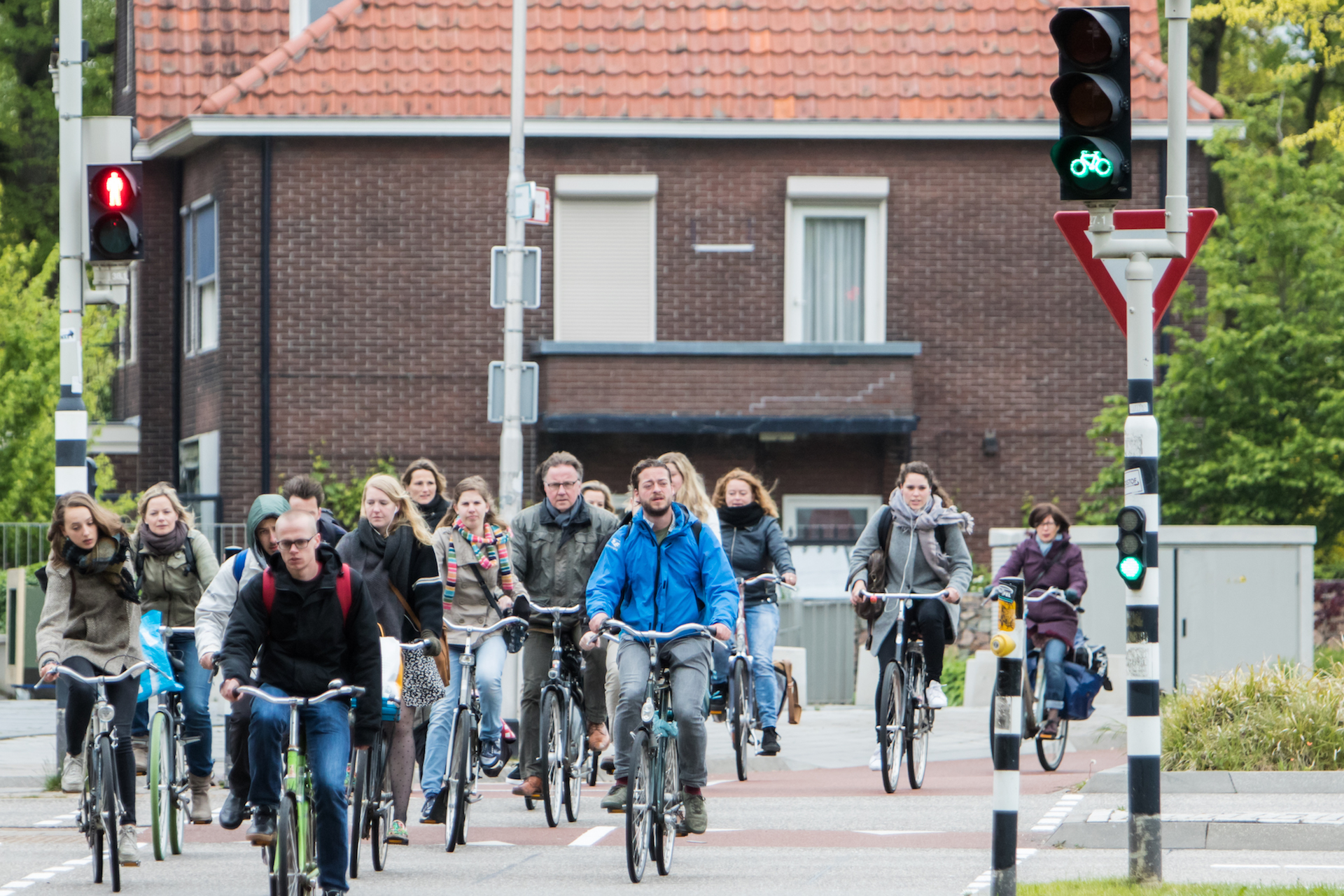 Mensen steken over per fiets bij een stoplicht.