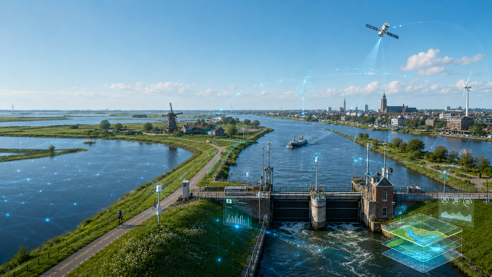 Sluizen en water met AI gegenereerde items die data en digitalisering weergeven. 