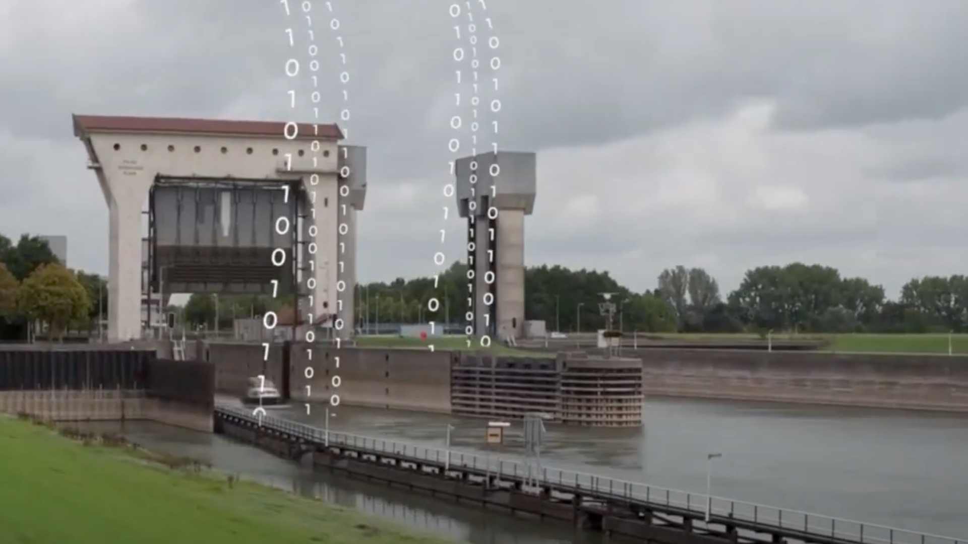 Een sluis in een waterloop met daaruit getallen getekend als een datastroom