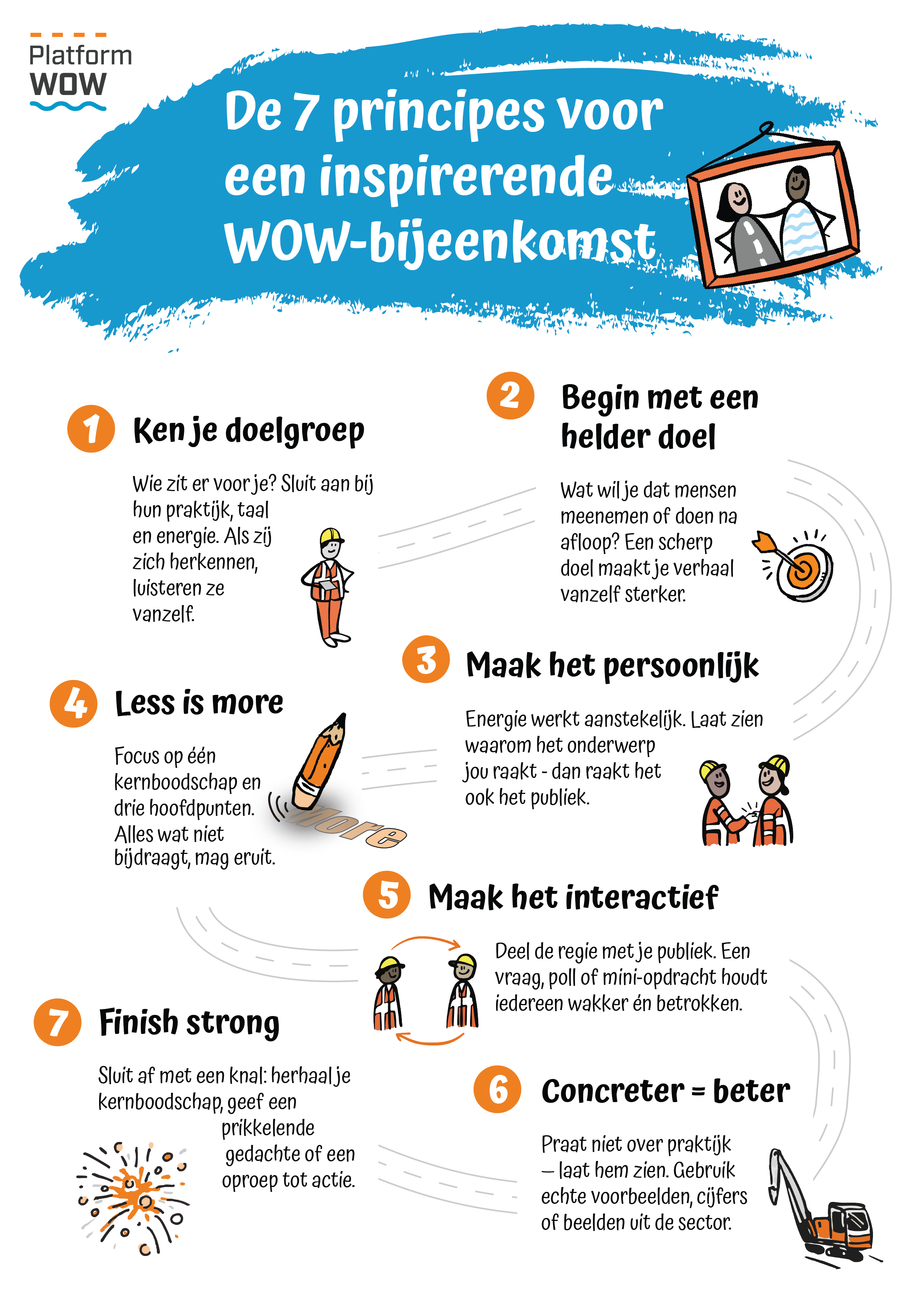 Een overzicht van de zeven principes voor het geven van een goede WOW-bijeenkomst, weergegeven in een visual.