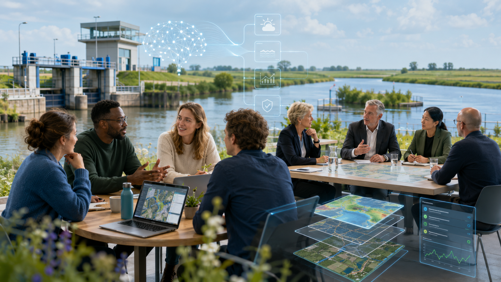 Mensen in gesprek aan een tafel met water en kunstwerken op de achtergrond